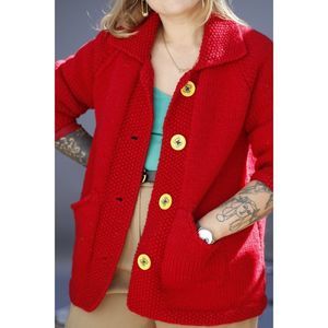 Vintage chunky knit red cardigan with "let's get lost" yellow buttons